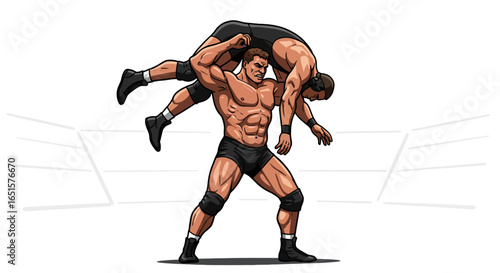 Powerful cartoon wrestler with a determined expression lifting his opponent over his shoulders for a body slam.