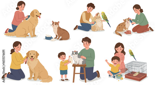 Illustrated collection of happy people caring for their pets, including grooming dogs, brushing cats, and playing with a parakeet.