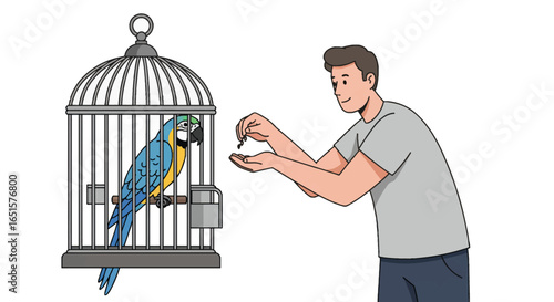 A kind young man hand-feeding seeds to a colorful blue-and-yellow macaw parrot perched inside a classic birdcage.