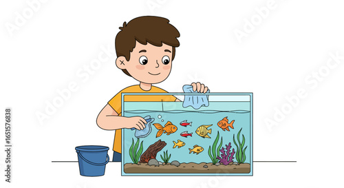 A smiling cartoon boy in a yellow shirt diligently cleaning his home fish tank aquarium with a blue cloth.