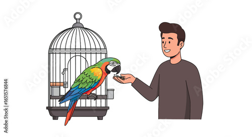 A smiling man hand-feeding a colorful macaw parrot perched on its open birdcage.