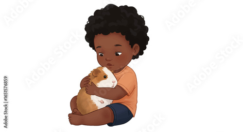 Adorable child tenderly embracing a fluffy guinea pig with affection