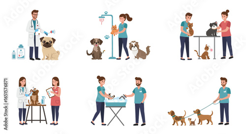 Set of Pet Care Scenes with Vets, Groomers, and Animals in a Flat Cartoon Style