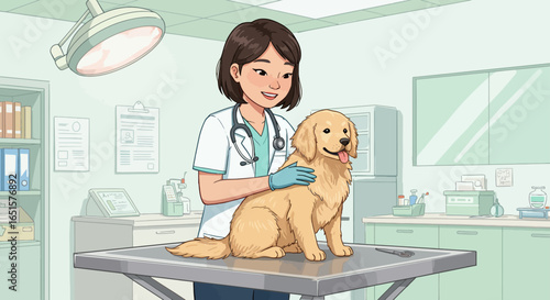Friendly Asian veterinarian with a stethoscope gently examining a happy golden retriever dog.