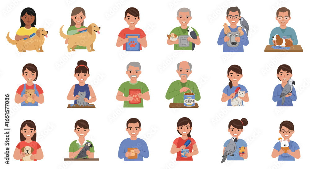 Fototapeta premium Illustrated set of diverse happy people caring for their domestic pets like dogs, cats, and birds.
