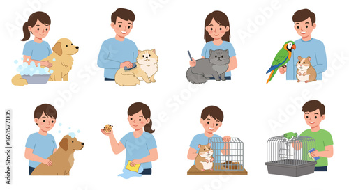 Illustrated set of people caring for pets, including washing a dog, brushing a cat, and cleaning a hamster cage.