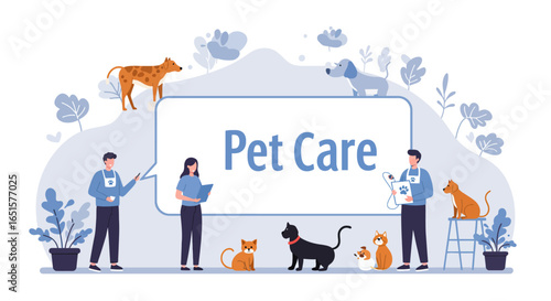Diverse Group of Pets with Caregivers, Illustrative Style