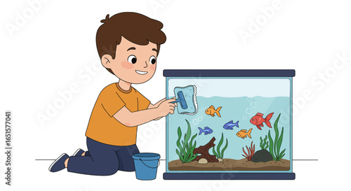 Smiling cartoon boy with brown hair kneeling and cleaning a rectangular glass fish tank with a blue scraper.