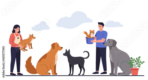 Happy volunteers caring for various shelter dogs and a cat for adoption in a flat vector illustration style.