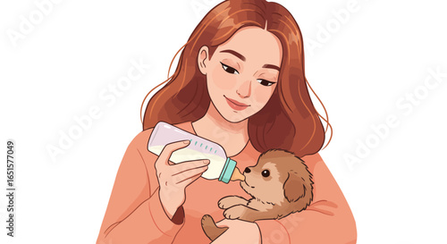 Illustrated Woman Gently Bottle-Feeding Adorable Fluffy Brown Puppy with Care