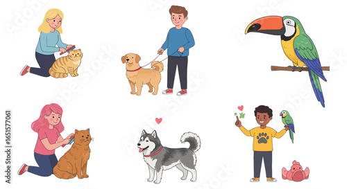 A charming illustrated set of diverse people happily interacting with their various animal pets.