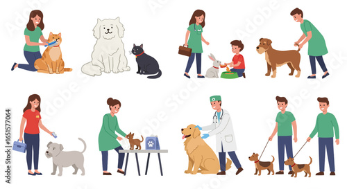 Various Pet Owners Interacting with Their Beloved Domestic Animals