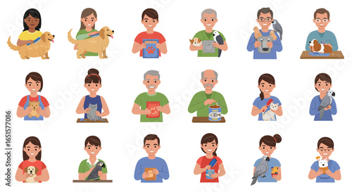 Illustrated set of diverse happy people caring for their domestic pets like dogs, cats, and birds.