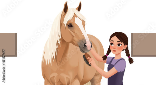 Palomino Horse Being Brushed by a Girl with Braids