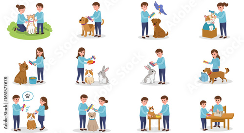Cartoon People Grooming Pets with Brushes: Dogs, Cats, Rabbits, Hamsters, Bird