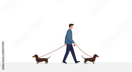 Man Walking Two Dachshunds on Leashes, Side View, Simple Style