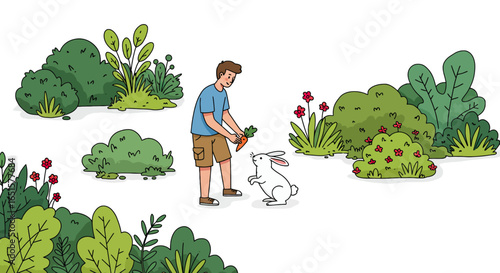 Cartoon illustration of a kind young man offering a fresh orange carrot to a cute white rabbit.