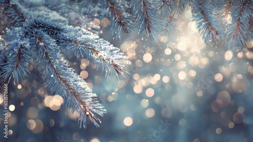 Snow-covered spruce branches in a winter forest, evoking a magical Christmas atmosphere.