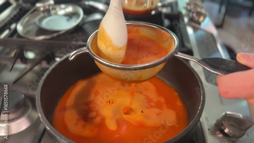 Cooking a rich tomato sauce using fresh ingredients on a stovetop in a cozy kitchen setting