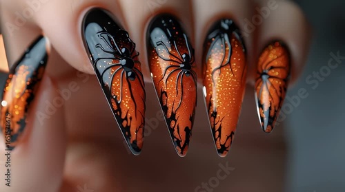 Close-up of a hand displaying intricately designed orange and black butterfly wing nail art with glitter accents