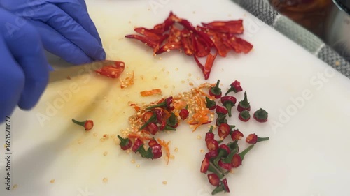 Preparing fresh peppers for salsa in a busy kitchen during midday