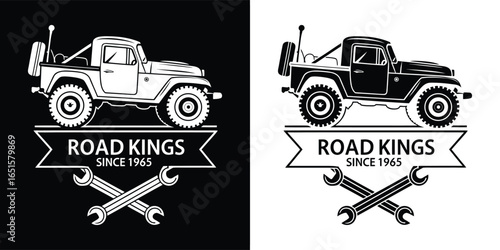 Black and white graphic logo featuring a vintage offroad truck with tools and the text road kings since 1945, representing automotive adventure and mechanical expertise