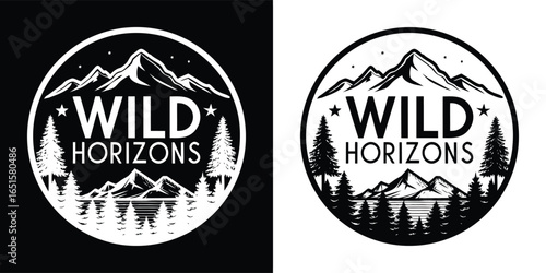 Logo with the text wild horizons inside a circular design showcasing mountains, trees, and a lake, available in black and white and white and black formats