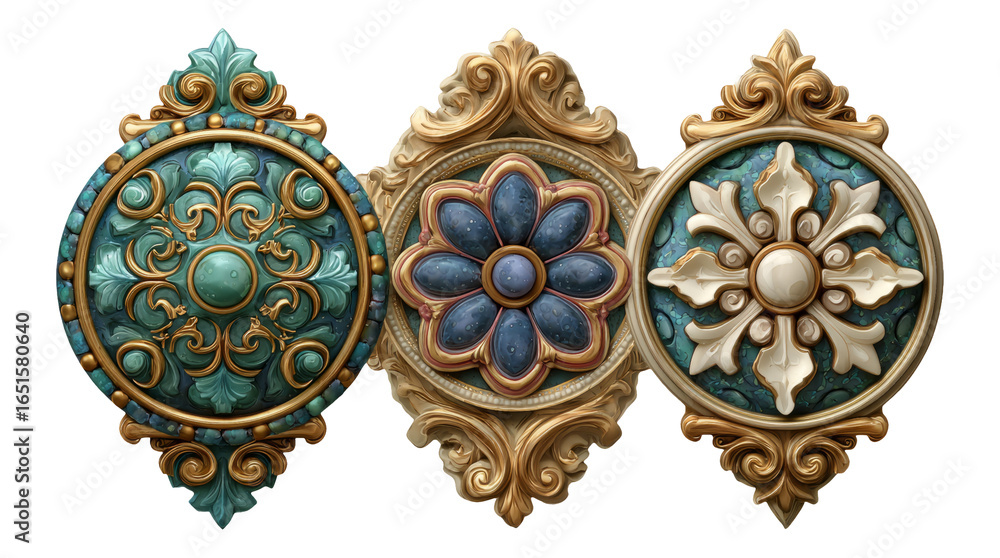 Fototapeta premium Decorative Isolated Objects with Floral and Scroll Designs on White Background