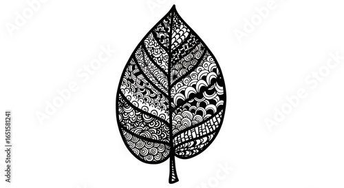 Highly detailed vector illustration of a single leaf, meticulously adorned with intricate black and white patterns, perfect for various design projects and adding a nature-inspired touch.