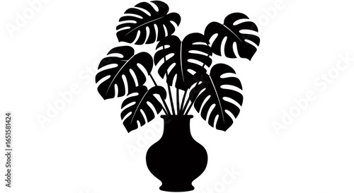 A striking black silhouette vector illustration of a tropical Monstera plant with distinctive split leaves in a decorative vase, isolated on a clean background.