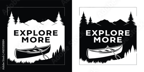 Canoe silhouette in a forest landscape with mountains, text reads explore more