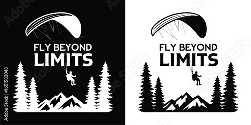 Fly beyond limits paragliding adventure sport with mountain landscape and forest, vector graphic design for tshirt print and apparel, isolated on white background