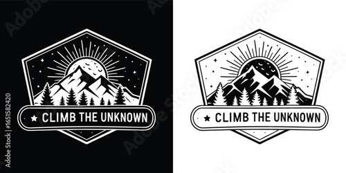 Vintage mountain climbing emblem with sun rays and pine trees, featuring the text climb the unknown, set against a dark background