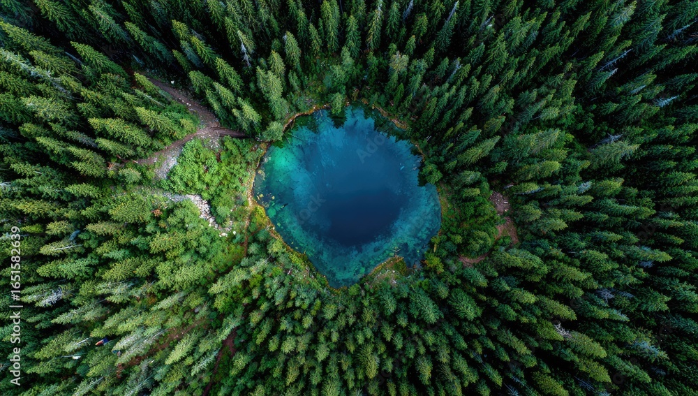 Obraz premium High-angle view of a vibrant turquoise lake nestled within a dense forest