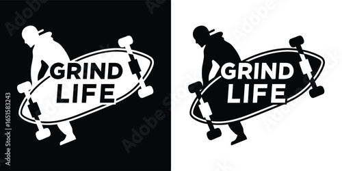 Silhouette of a skateboarder in motion with the text grind life integrated into the design, symbolizing the extreme urban street sport lifestyle