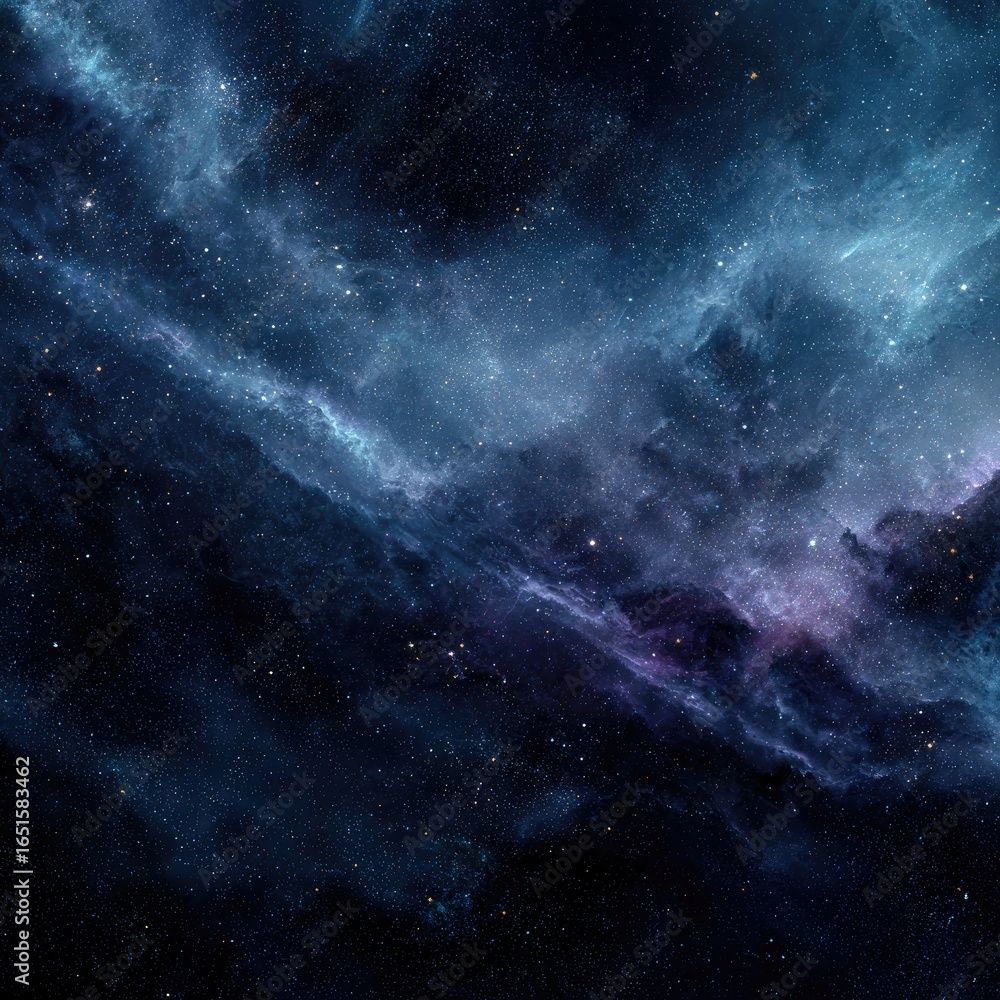Fototapeta premium A cosmic landscape of swirling nebulae in deep blues, purples, and hints of white, speckled with countless stars against a dark backdrop