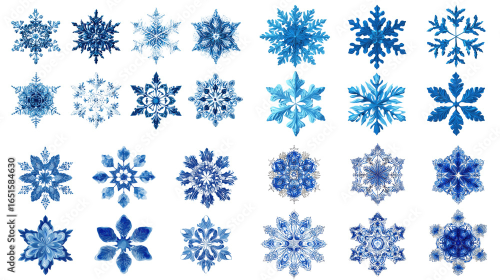 Diverse Collection of Blue Snowflakes on a Transparent Background Diverse Collection of Blue Snowflakes on a Transparent Background