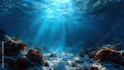 Sunbeams pierce a vibrant underwater scene, illuminating a coral reef floor and sandy bottom.  Blue hues dominate, with coral in various shades of brown and orange
