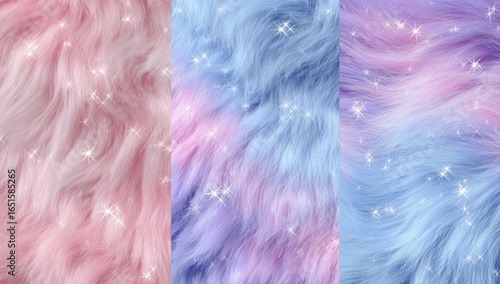 Three vertical panels of pastel pink, lavender, and light blue faux fur with sparkling glitter accents