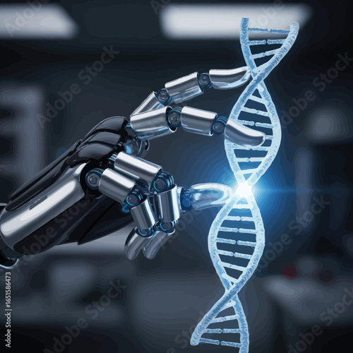 Robotic hand delicately holding a glowing DNA strand, representing scientific advancement.