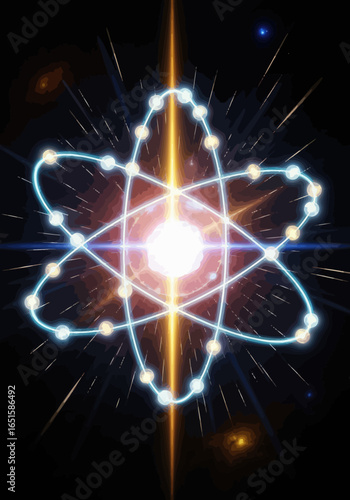 A stylized, glowing illustration of an atom with radiating light and energy bursts against a dark background.