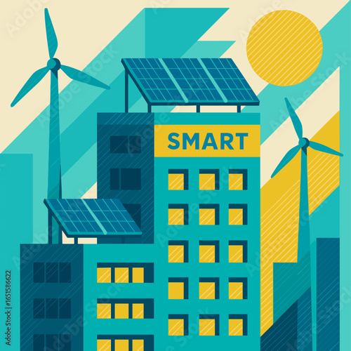 Sustainable urban architecture with solar panels and wind turbines