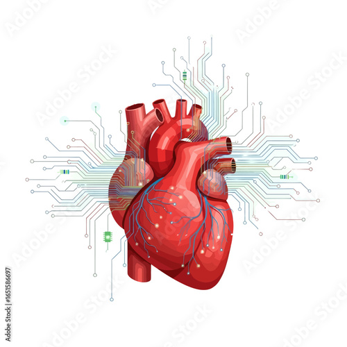 Human heart depicted with intricate circuit board design, symbolizing technological advancements in cardiology.