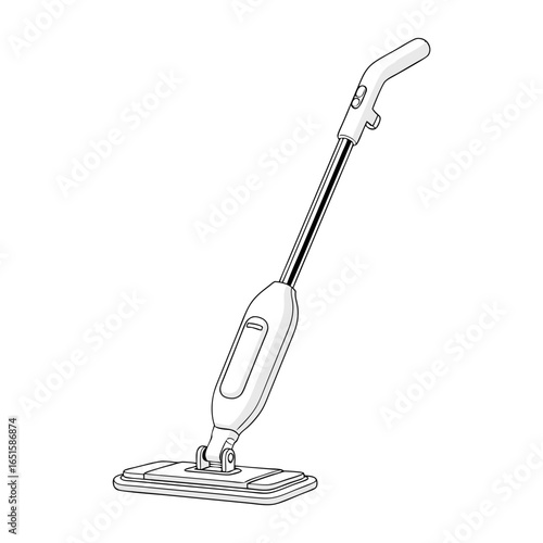 Line art illustration of a modern steam mop appliance for domestic cleaning with extended handle offering ease and convenience