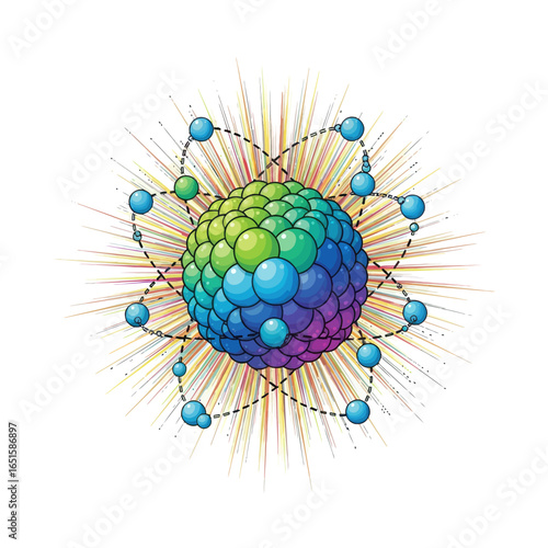 Colorful atom model with radiating energy, showing electrons orbiting a nucleus.