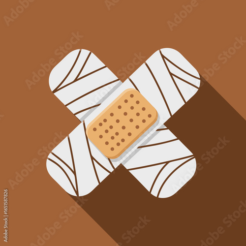Flat design illustration of crossed bandages with adhesive plaster on a brown background conveying recovery and assistance for medical purposes