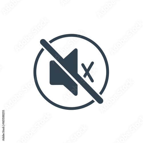 Muted volume icon displaying audio silence representing quiet and absence of noise or sound control and media application setting