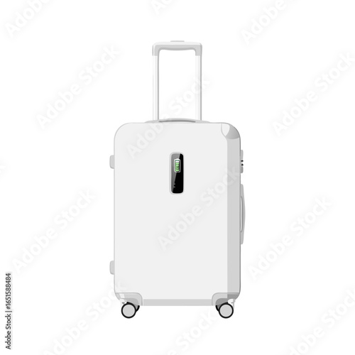 Sleek travel companion: A pristine white suitcase with smart charging feature for the modern nomad