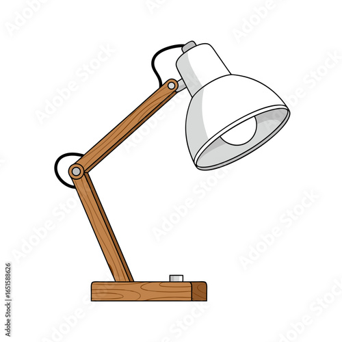 Wooden arm table lamp illustration with contemporary design and adjustable light direction offering focused illumination and artistic appeal