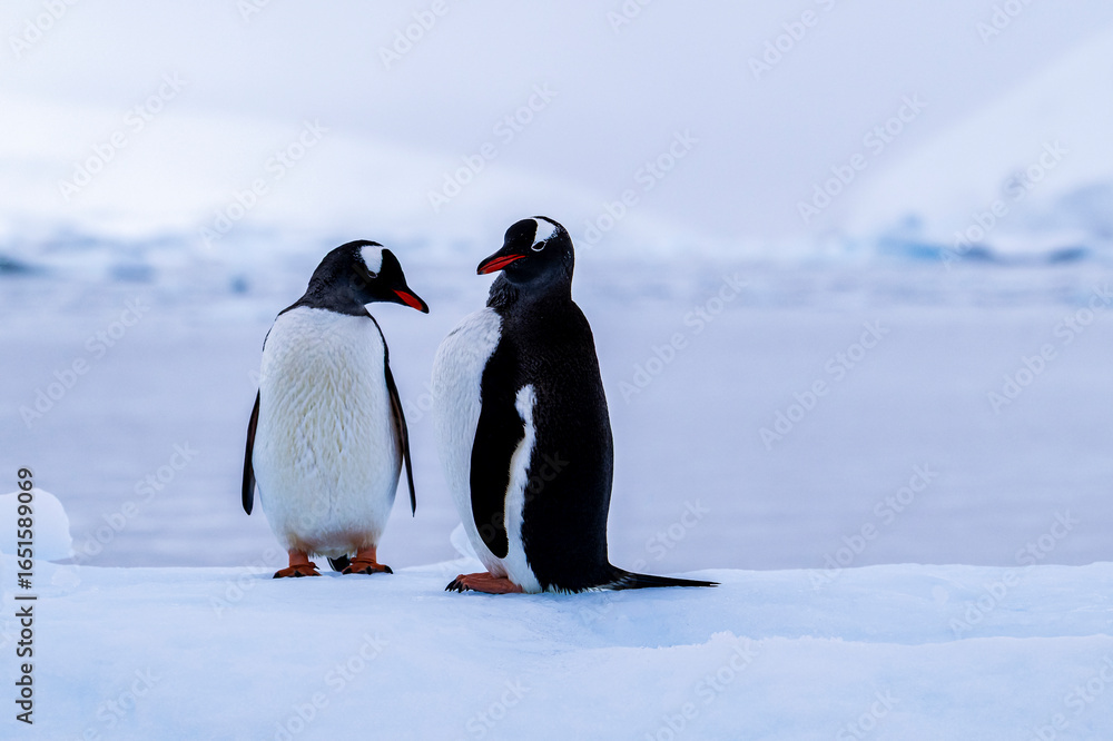 Fototapeta premium Gentoo penguin behavior on Iceberg in Antarctica